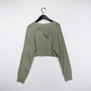 Sage Green Crop Ribbed Open Front Knit Bolero Shrug Sweater, Korean Fashion